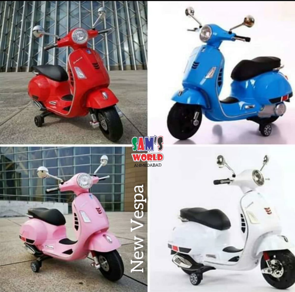 Kids vespa scooter in red, blue, pink, and white for ages three and up from Sam's Toy World in Ahmedabad Gujarat