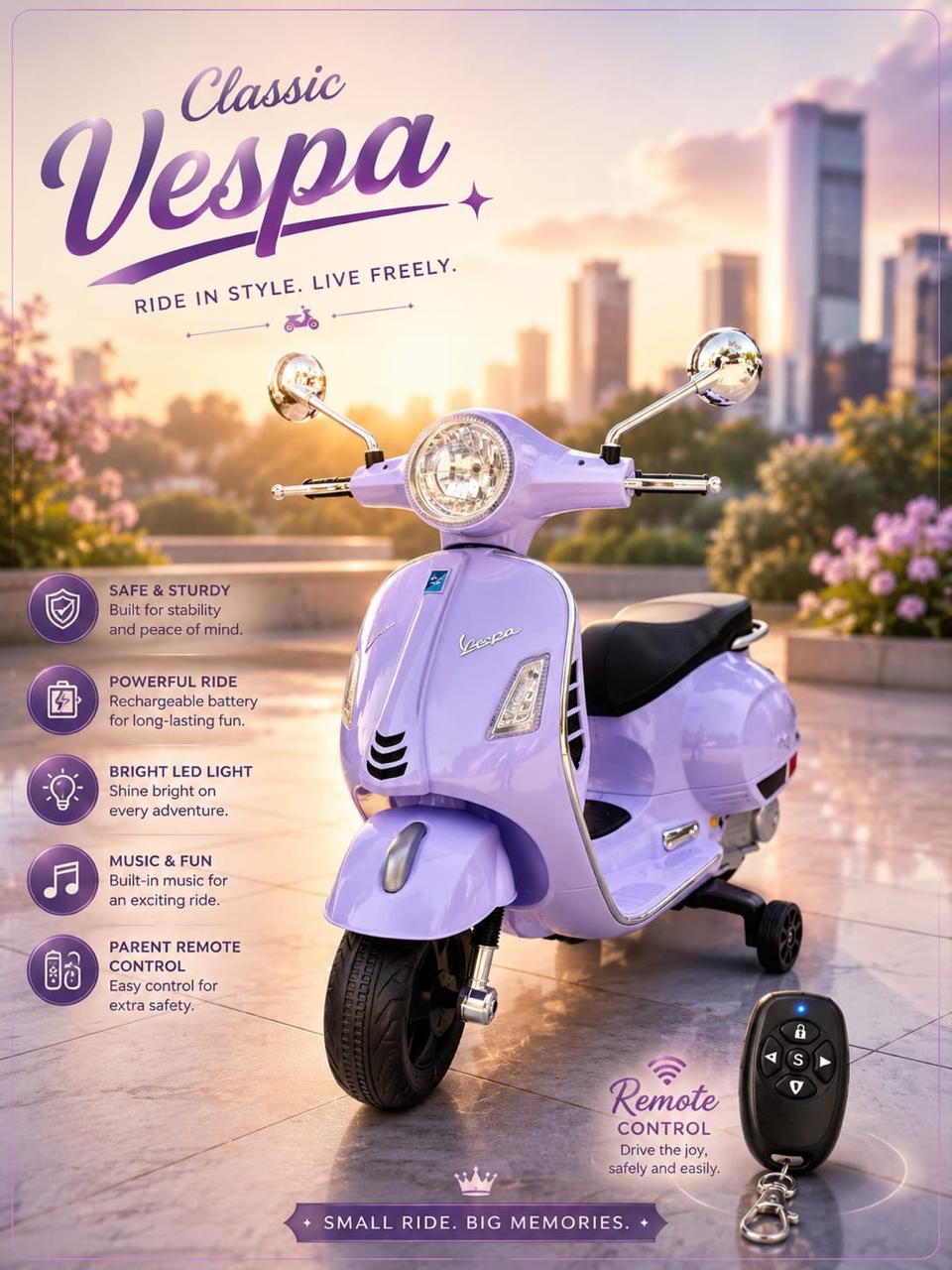 Kids vespa scooter in lavender color with parent remote control, perfect battery scooter for kids in Ahmedabad Gujarat from Sam's Toy World