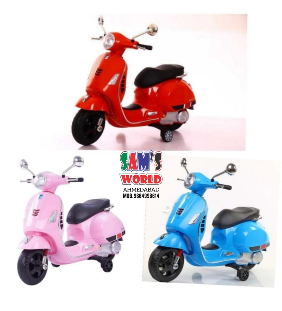 Kids Vespa scooter in red, pink, and blue colors for ages 3-8 from Sam's Toy World in Ahmedabad Gujarat