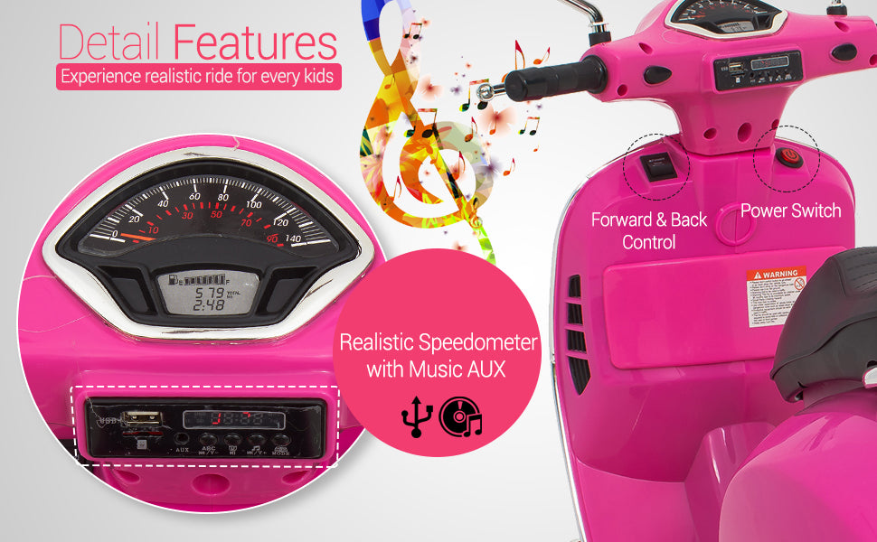 Kids vespa scooter in pink with realistic features and music AUX, for children. Sam's Toy World.