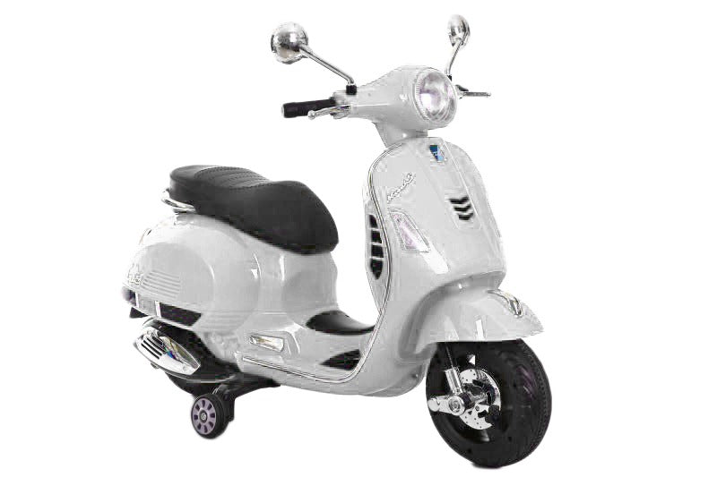 Kids vespa scooter in white with functional lights, suitable for ages 3-8, from Sam's Toy World