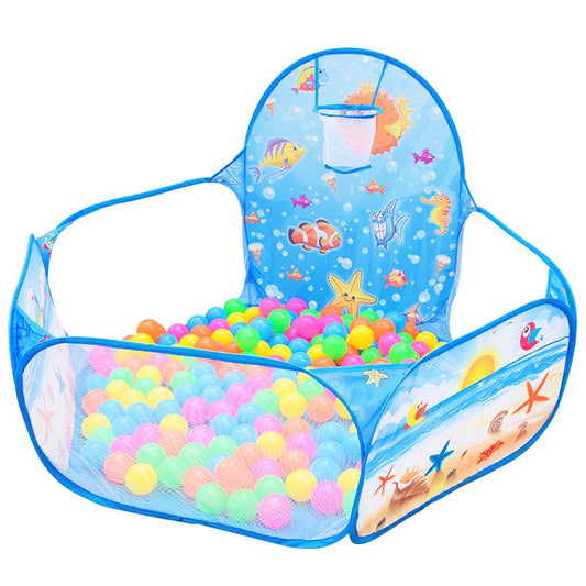 Blue children's folding play ball pool tent with ocean balls beach print and see through mesh sides