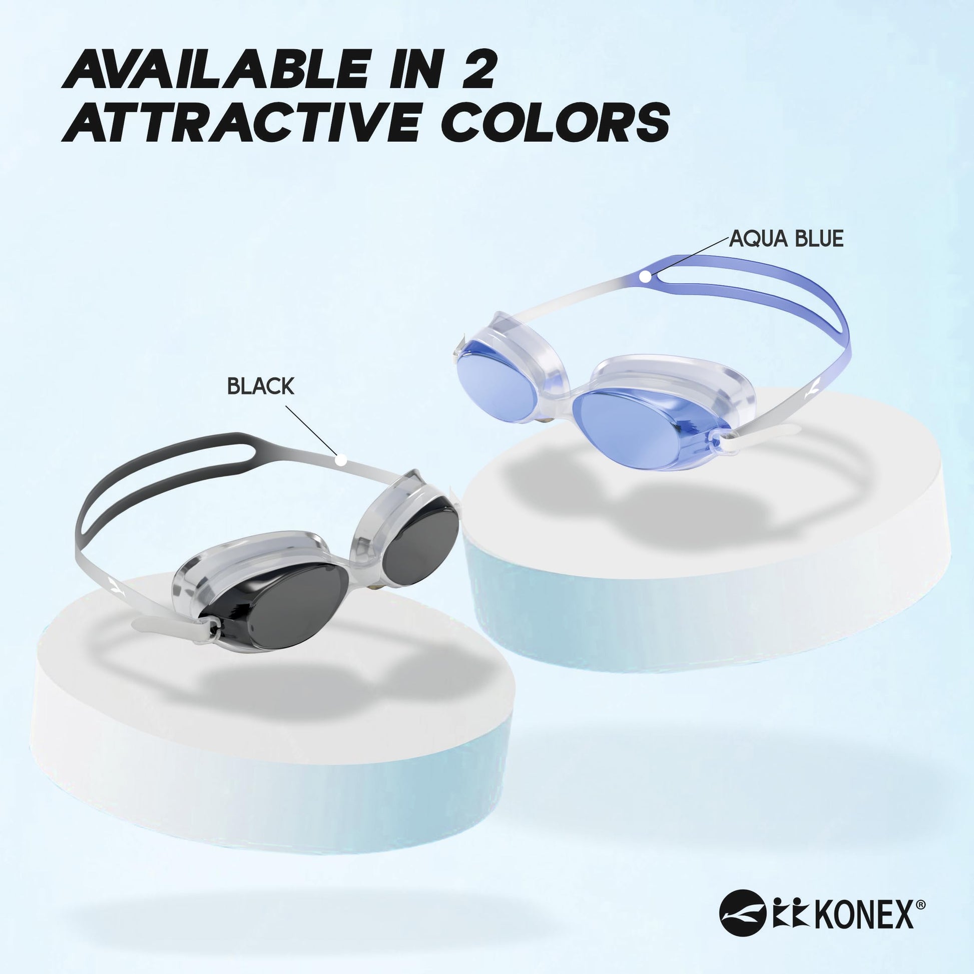Konex anti-fog swimming goggles for adults and kids available in black and aqua blue colors