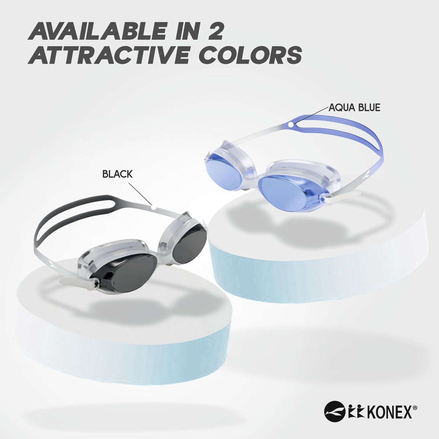 Konex anti-fog swimming goggles for adults and kids in black and aqua blue colors