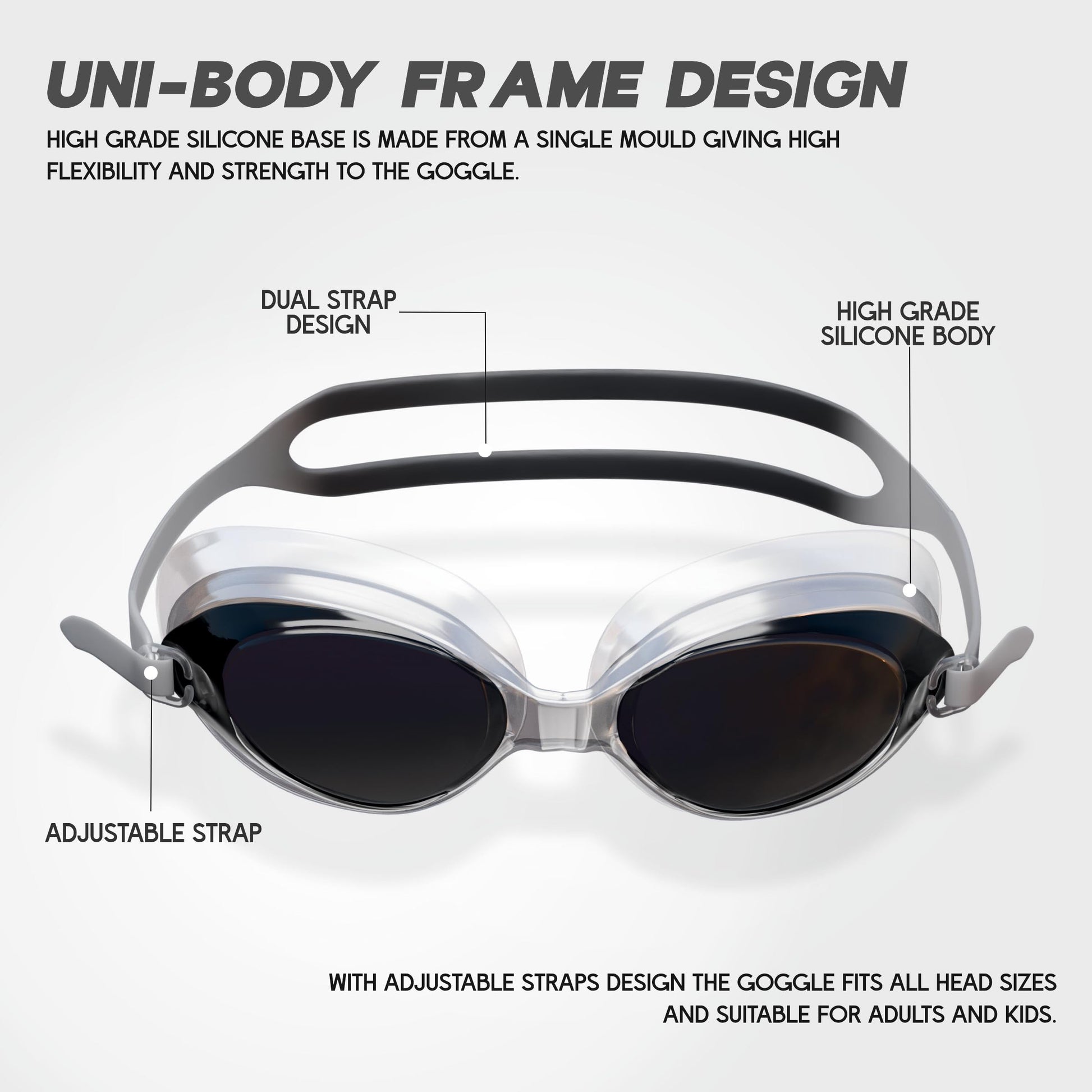 Uni-body anti-fog swimming goggles for adults and kids with adjustable strap and high-grade silicone body