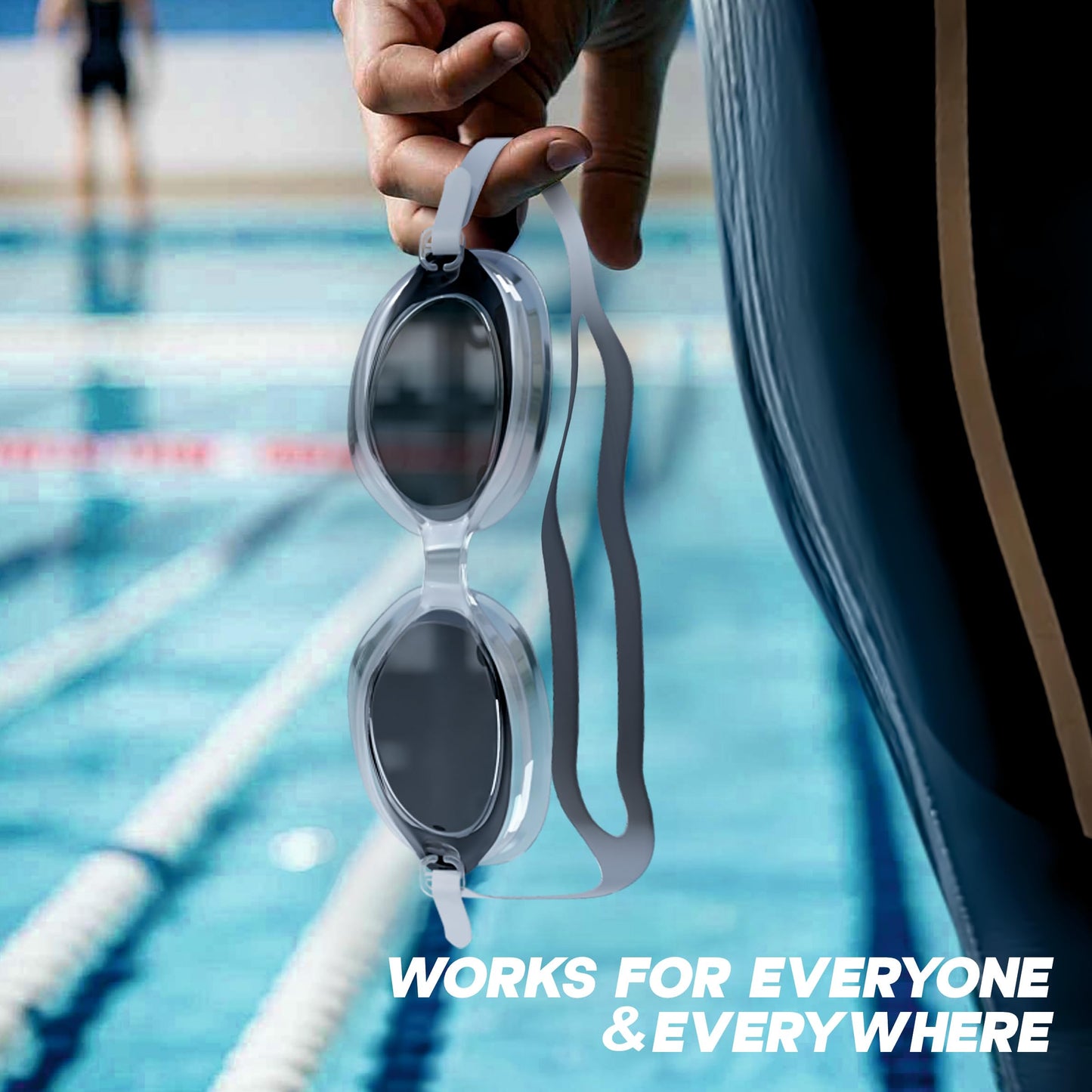 Anti-fog swimming goggles for adults and kids held by a swimmer near a poolside for optimal visibility