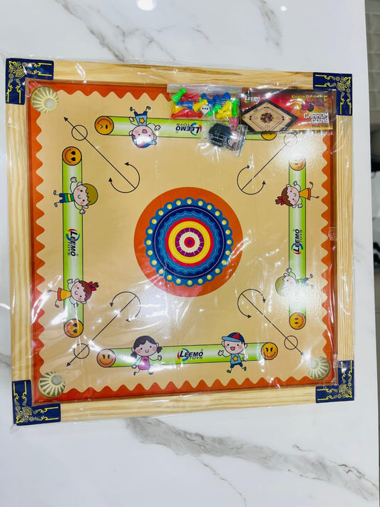 Colorful wooden carrom board with ludo game printed on board in wooden frame with tokens and striker
