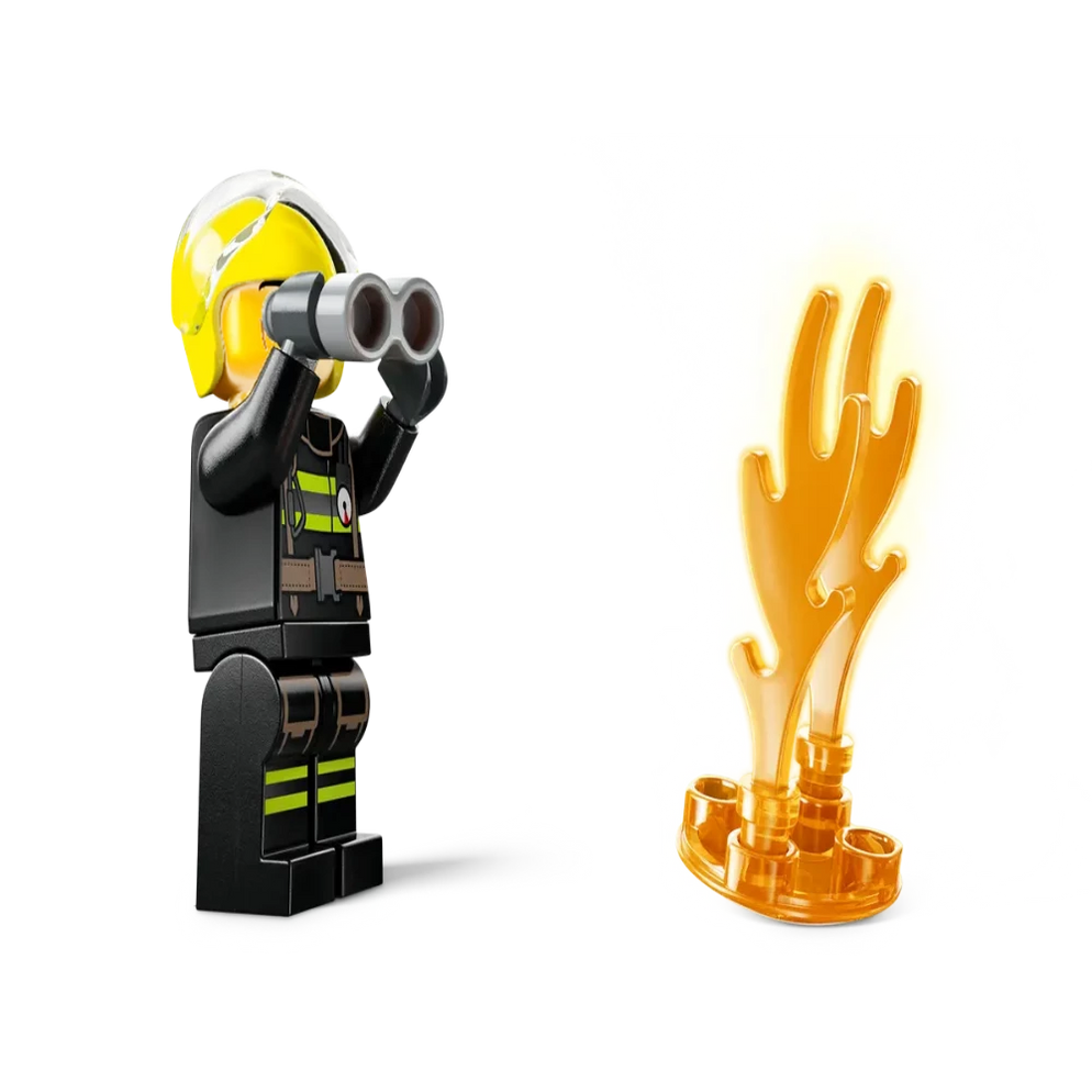 Firefighter minifigure with binoculars beside orange flame LEGO City Fire Rescue Helicopter 60411 Ahmedabad Gujarat India .