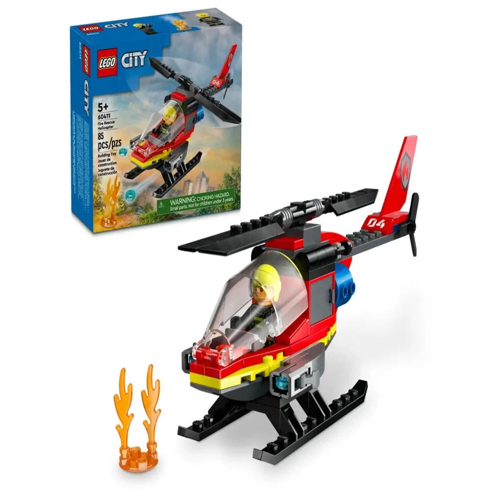 LEGO City Fire Rescue Helicopter 60411 Ahmedabad Gujarat India . Red rescue helicopter with pilot minifigure flames and box