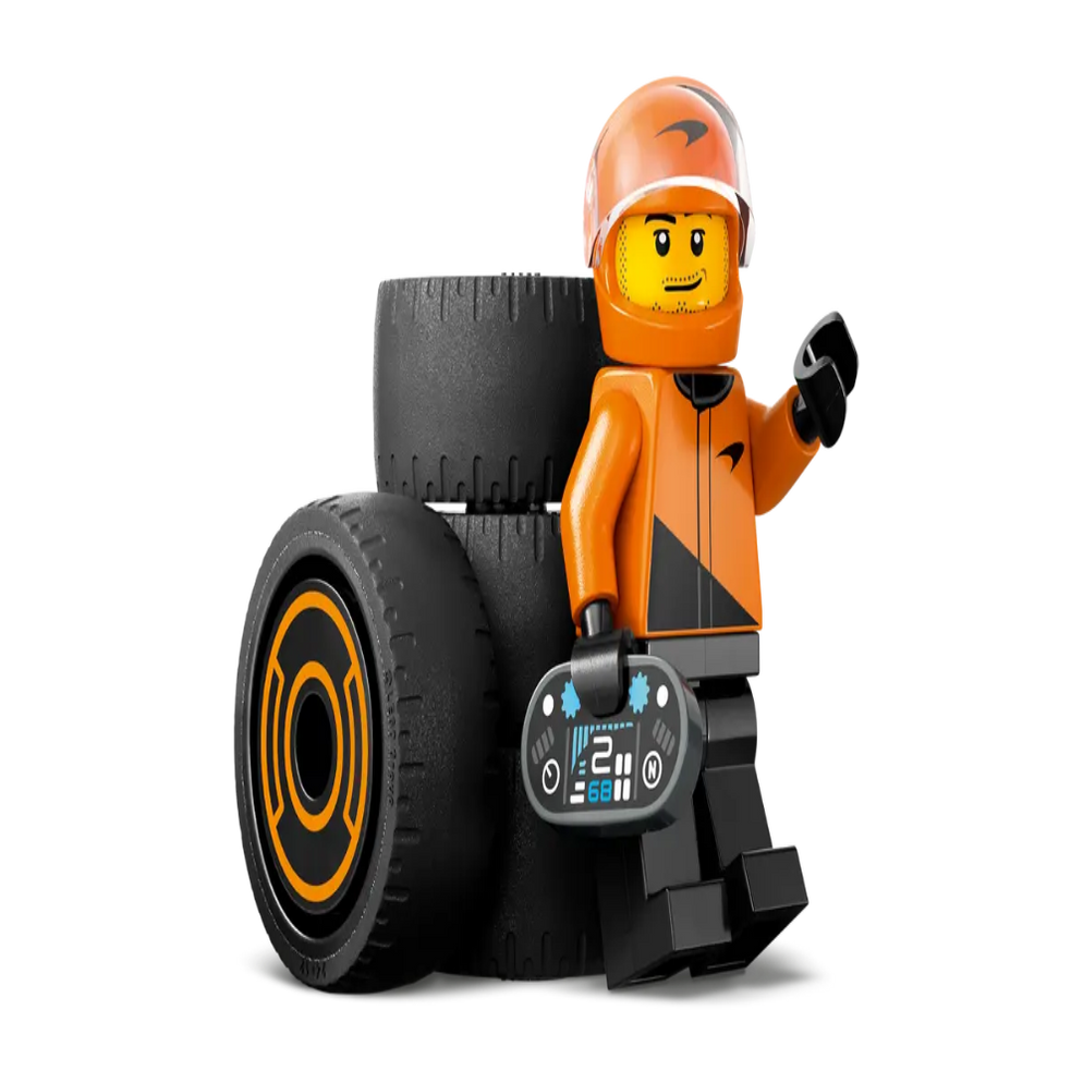 LEGO City Formula 1 Race Car best price Ahmedabad Gujarat India . Orange LEGO racer minifigure with helmet and pit tool by tires