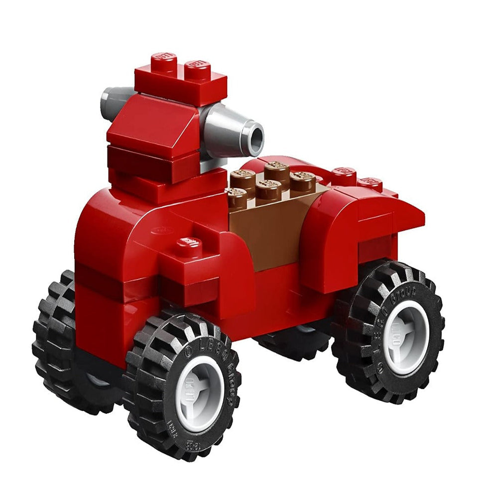 Red LEGO quad built from bricks with tires and studs LEGO Classic Creative Brick Box 10696 Ahmedabad Gujarat online India .