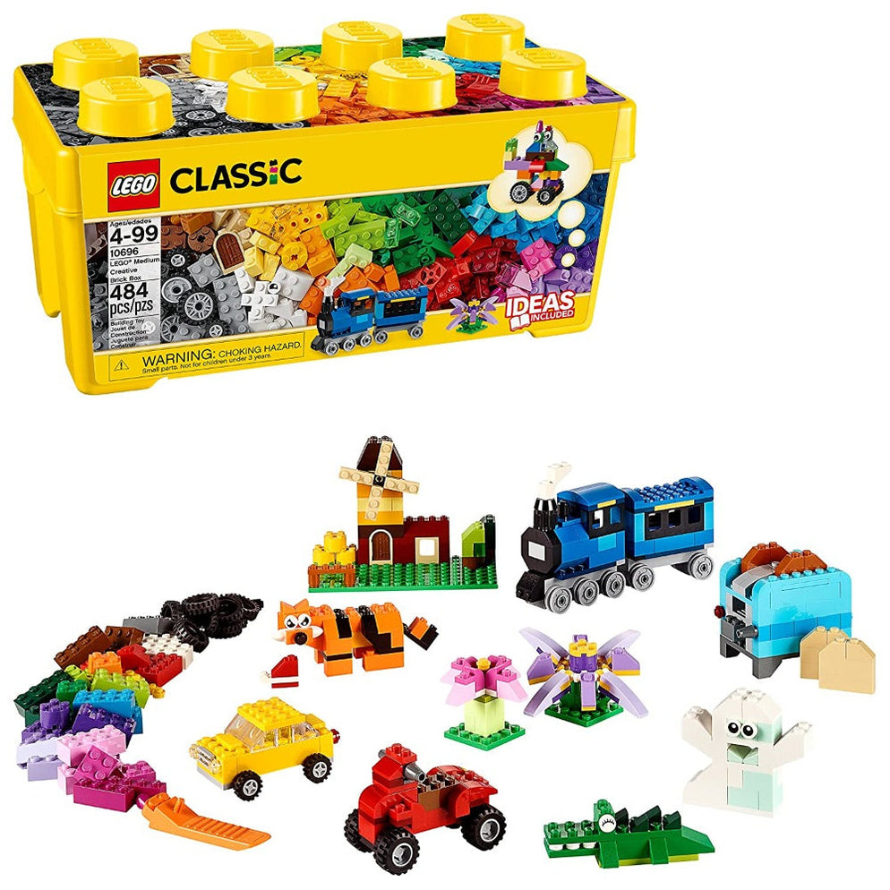 LEGO Classic Creative Brick Box 10696 Ahmedabad Gujarat online India . Yellow 484-piece box with colorful bricks and sample model builds