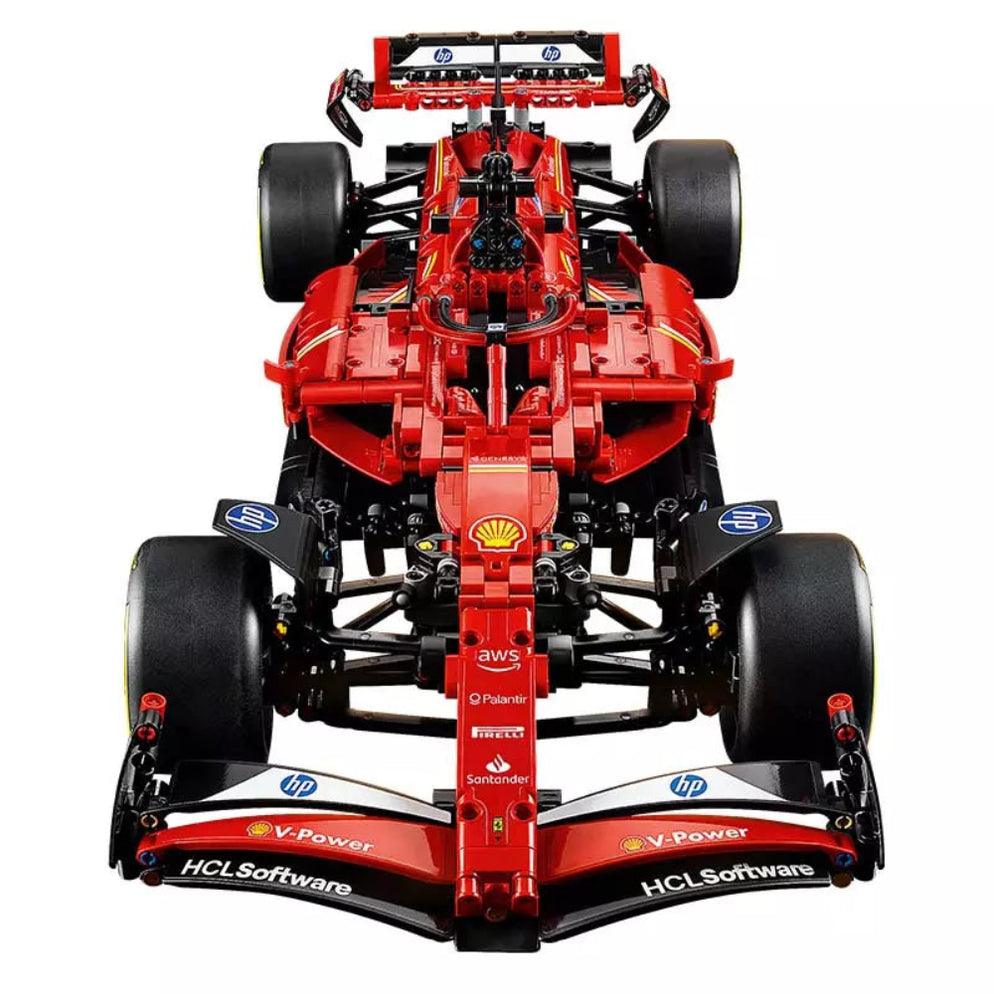 Front view of LEGO Technic Ferrari SF-24 F1 car in Gujarat online India red model with suspension and sponsor decals