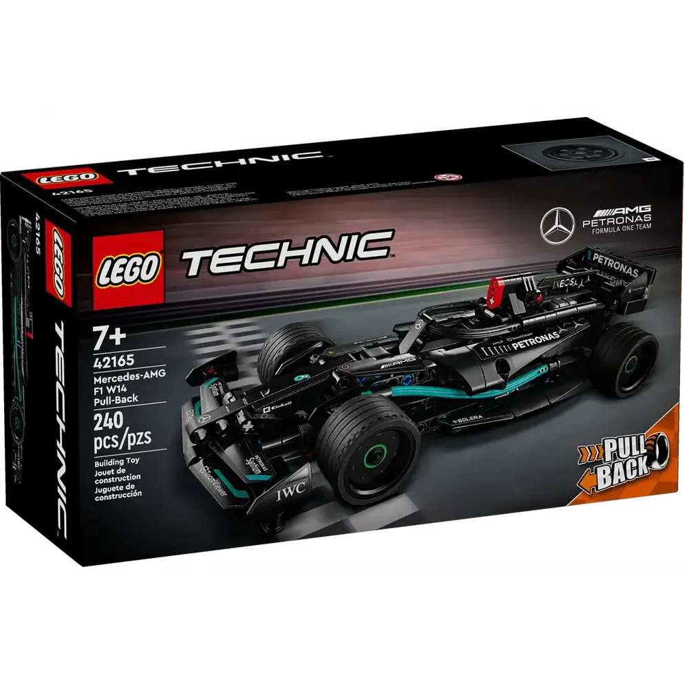 Boxed Lego Technic Mercedes F1 car India set showing black Mercedes AMG F1 W14 pull back model 240 pieces