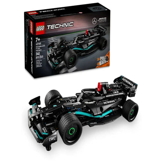 Box and assembled black race model showing Lego Technic Mercedes F1 car India pull back motor toy