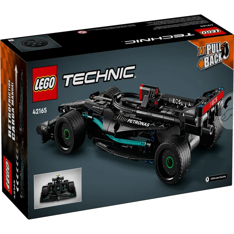 Lego Technic Mercedes F1 car India boxed set showing black Mercedes F1 model with pull back function