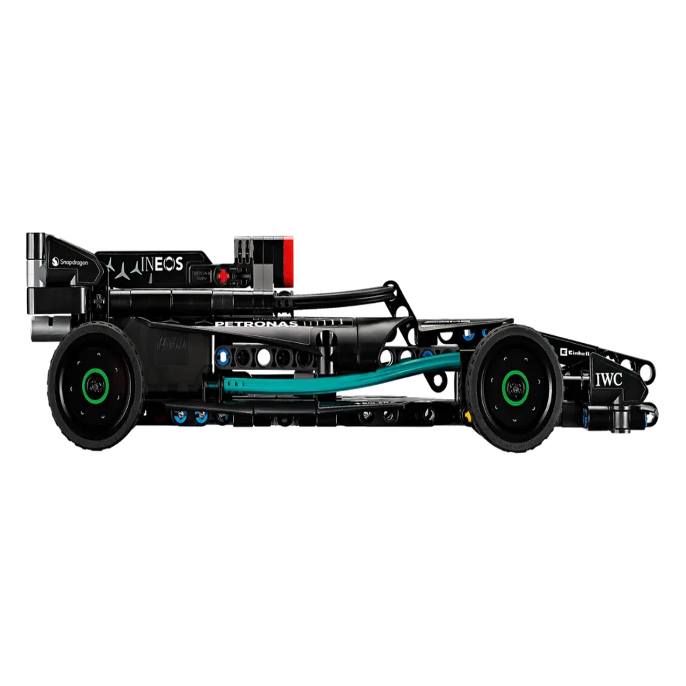 Lego Technic Mercedes F1 car India side view model in black with teal accents and sponsor detailing