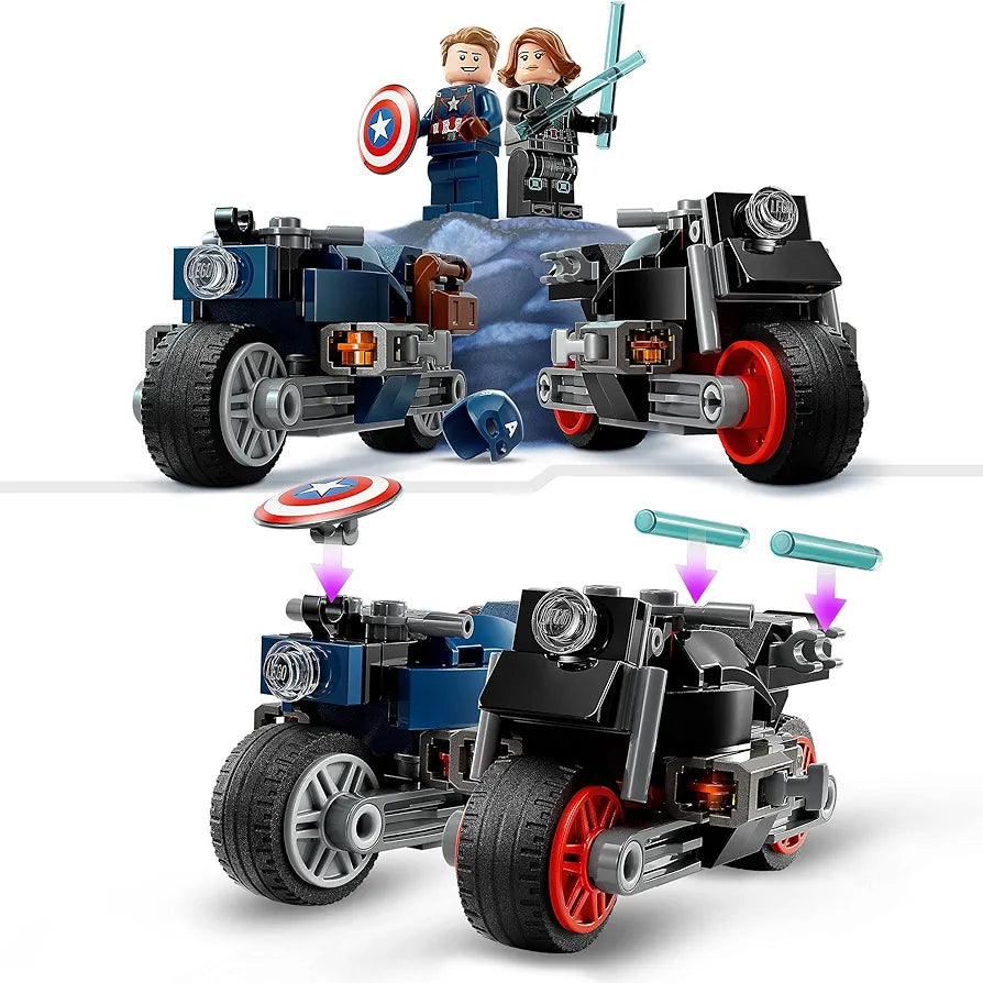 Lego Marvel Universe motorcycle set with Captain America and Black Widow figures, action-packed playset for kids