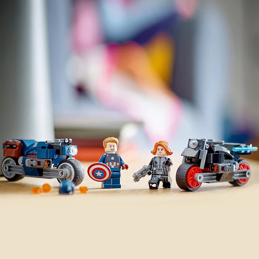 Lego Marvel Universe set featuring Captain America and Black Widow with motorcycles, vibrant colors, for creative play