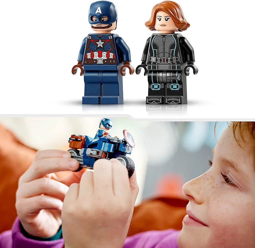 Two Lego Marvel Universe figures of Captain America and Black Widow, with a child playing with a Lego set