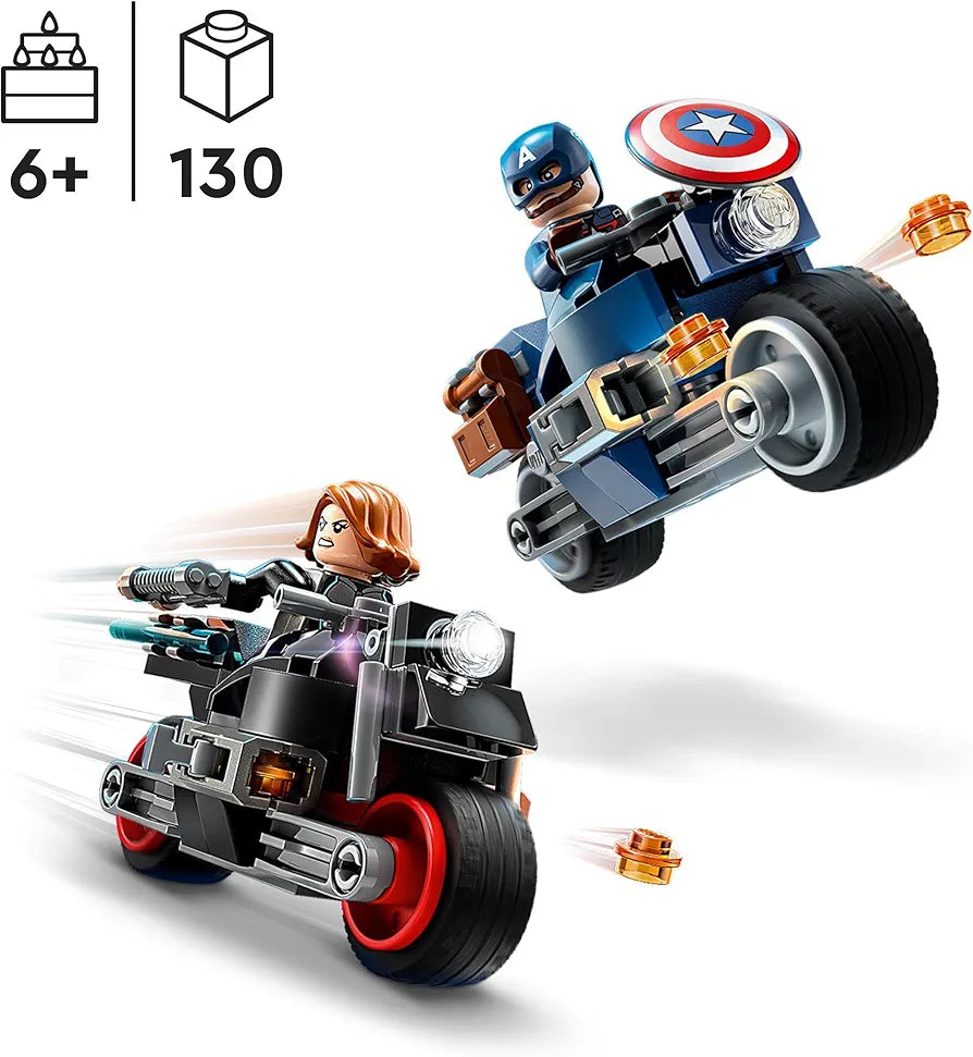 Lego Marvel Universe set featuring Captain America and Black Widow on motorcycles for imaginative play