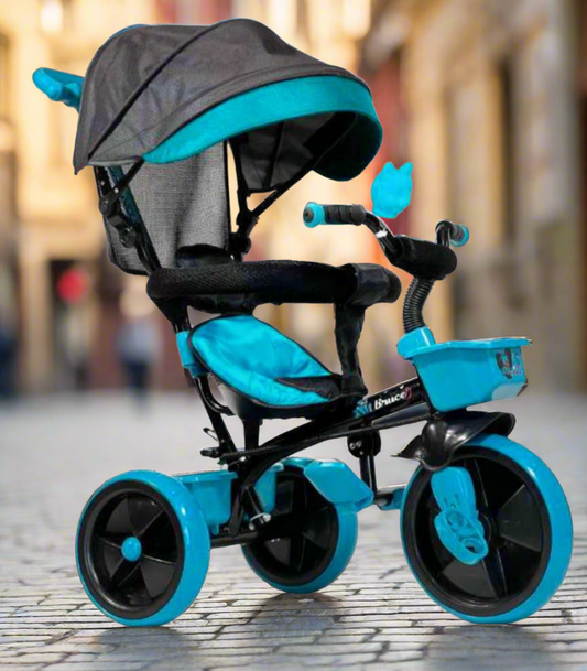 Turquoise and black stroller style premium kids tricycle Ahmedabad Gujarat online India with canopy and parent push handle