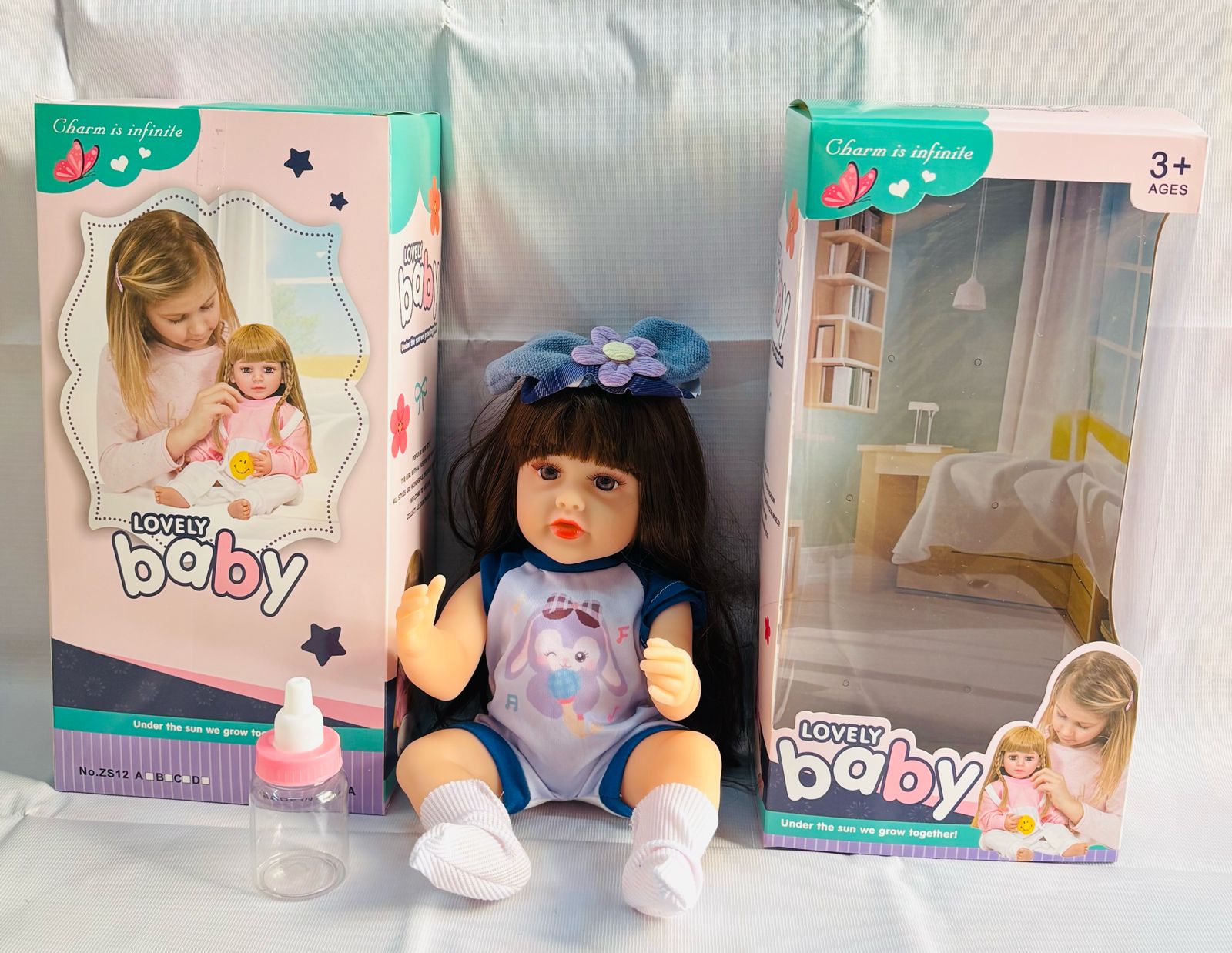 realistic baby doll with accessories silicone real Doll Ahmedabad . lifelike baby doll in blue outfit with bottle and packaging