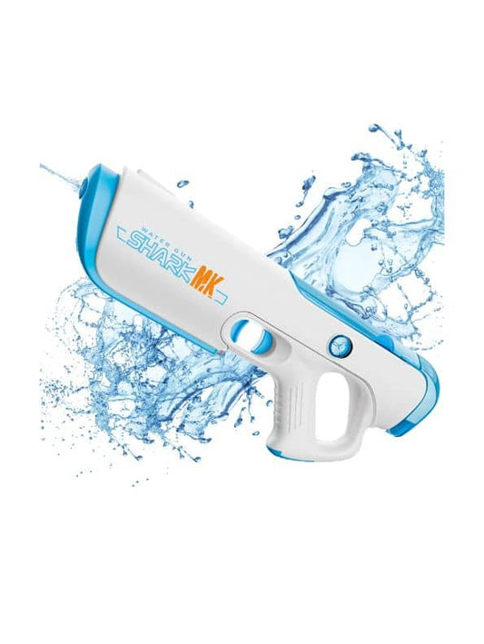 White and blue rechargeable high-pressure water blaster, side view, perfect as an automatic water gun for adults in Ahmedabad.