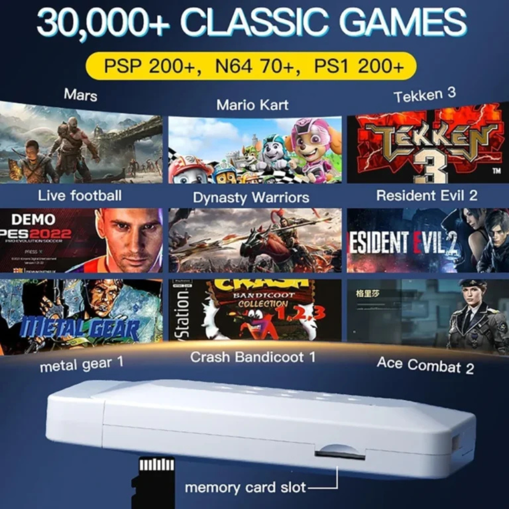 M22 Gamestick in sleek white design, showcasing 30k+ pre-installed games like Gta and God of War, for gaming enthusiasts