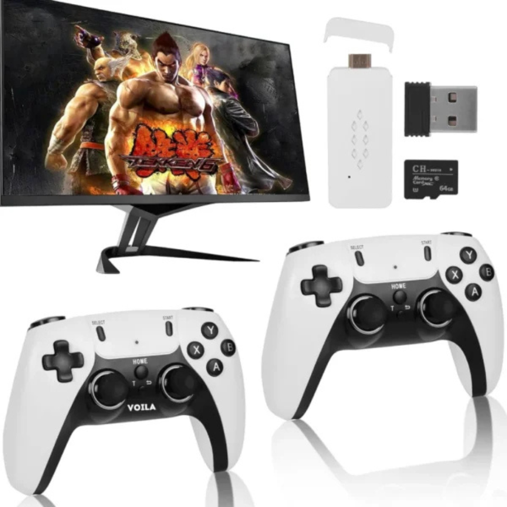 M22 Gamestick with two white controllers and pre-installed games, front view, for gaming enthusiasts with 30k+ games