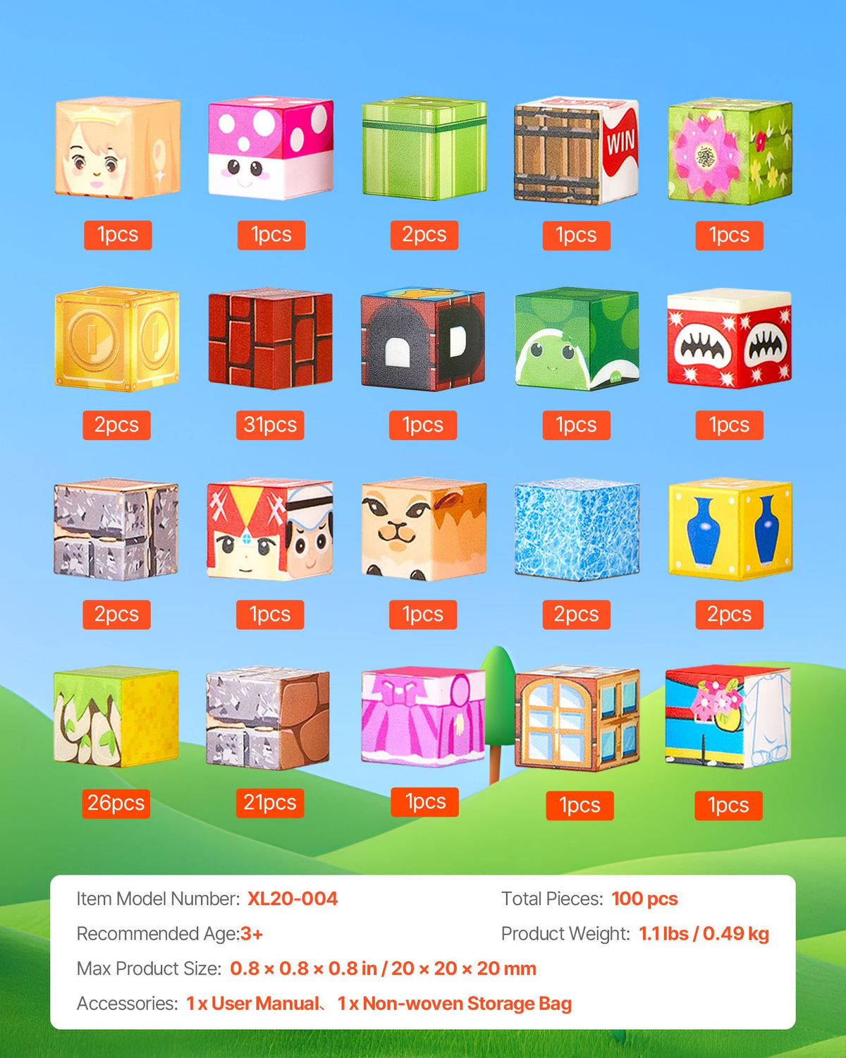 Colorful magnetic blocks set with various designs, top view, for creative building and learning