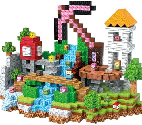 Colorful magnetic blocks set featuring a vibrant village scene with a waterfall and various characters