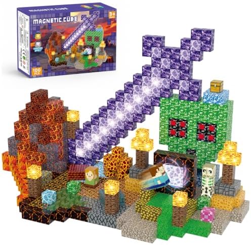 Colorful magnetic blocks set creating a Minecraft scene with a sword, characters, and glowing features