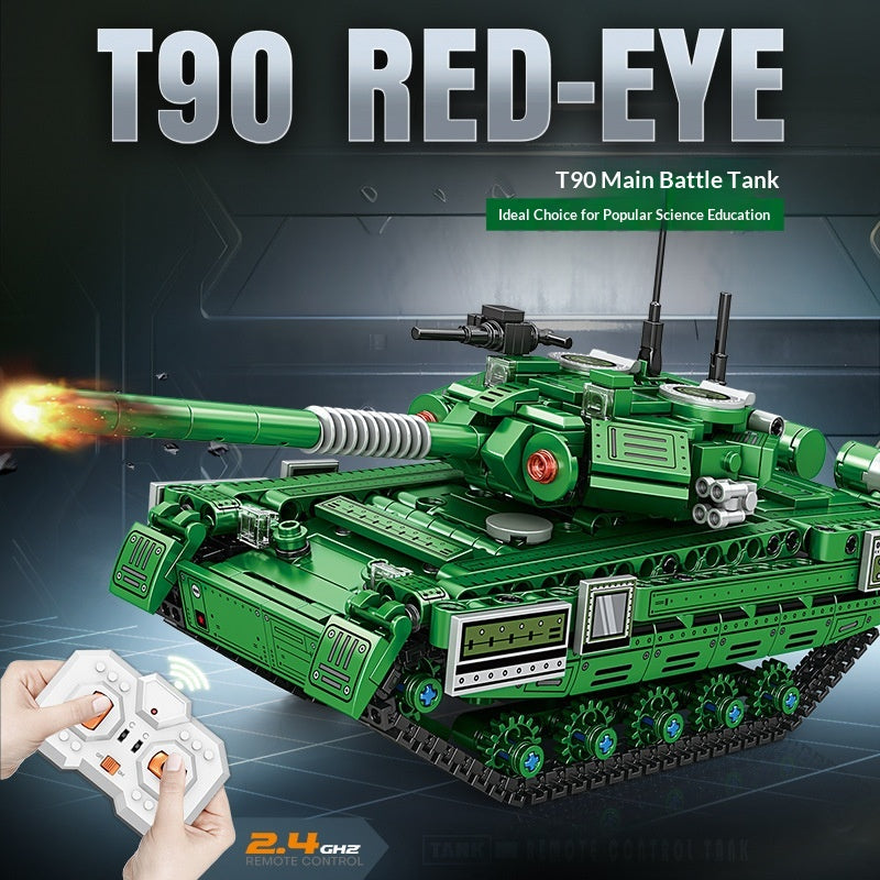 Green T90 Red-Eye Remote-Controlled Battle Tank, side view, for interactive science education