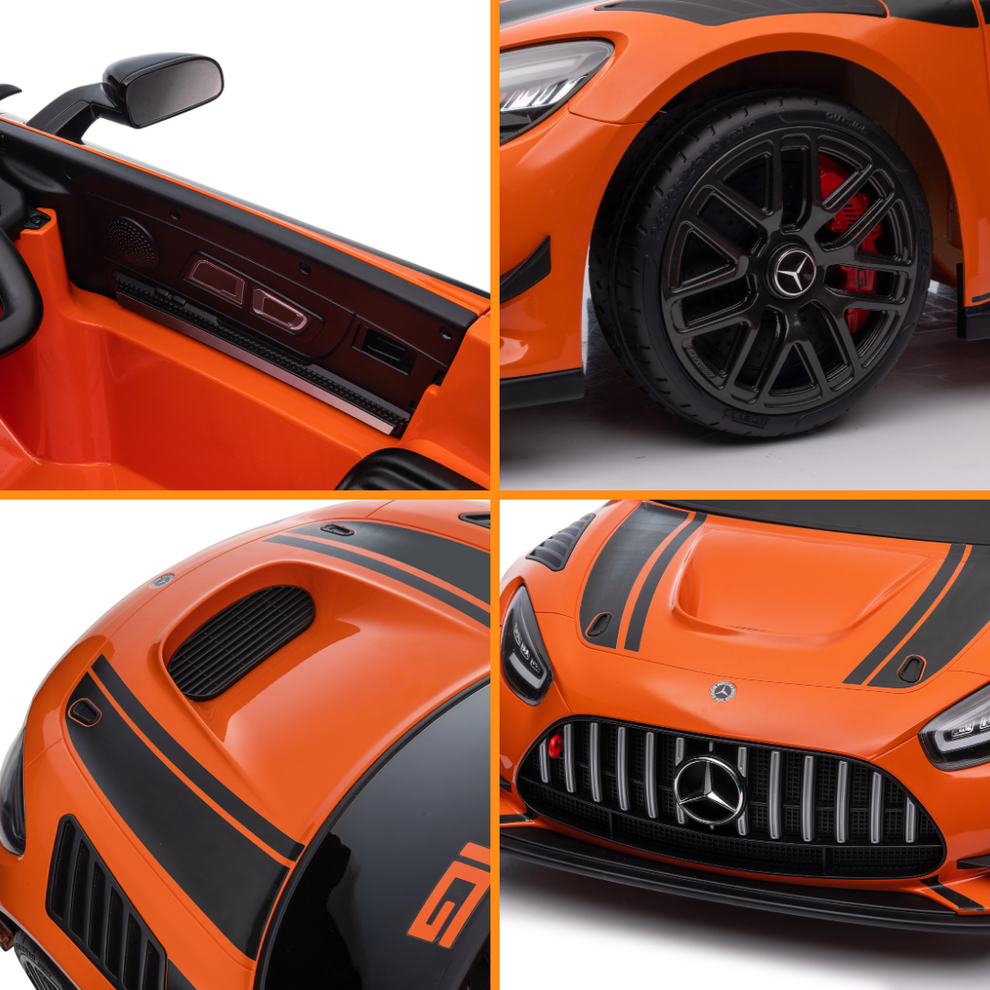 Orange Mercedes-AMG kids battery operated car with sleek design, close-up view of dashboard and wheel features