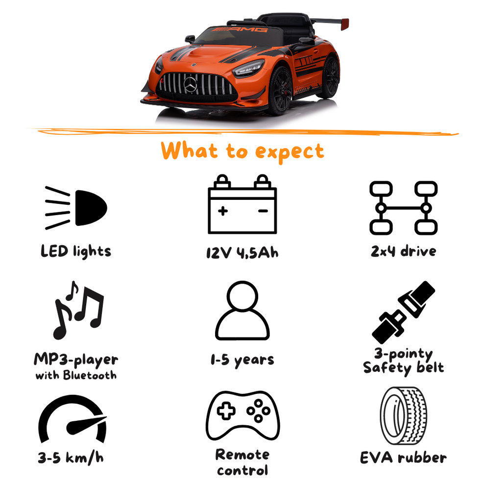 Orange Mercedes-AMG kids battery operated car, front view, for children aged 1-5 with remote control features