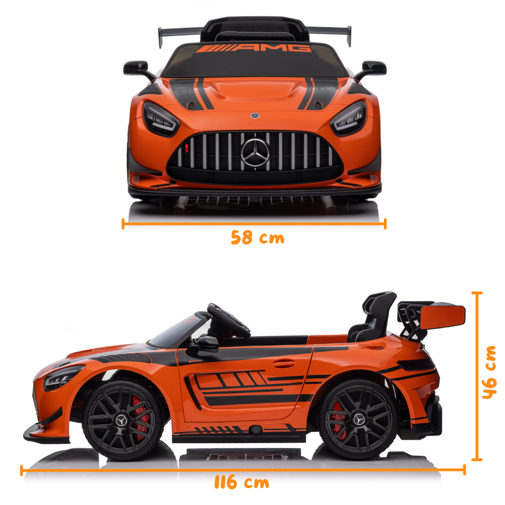 Orange Mercedes-AMG kids battery operated car, front and side view, perfect for young drivers.