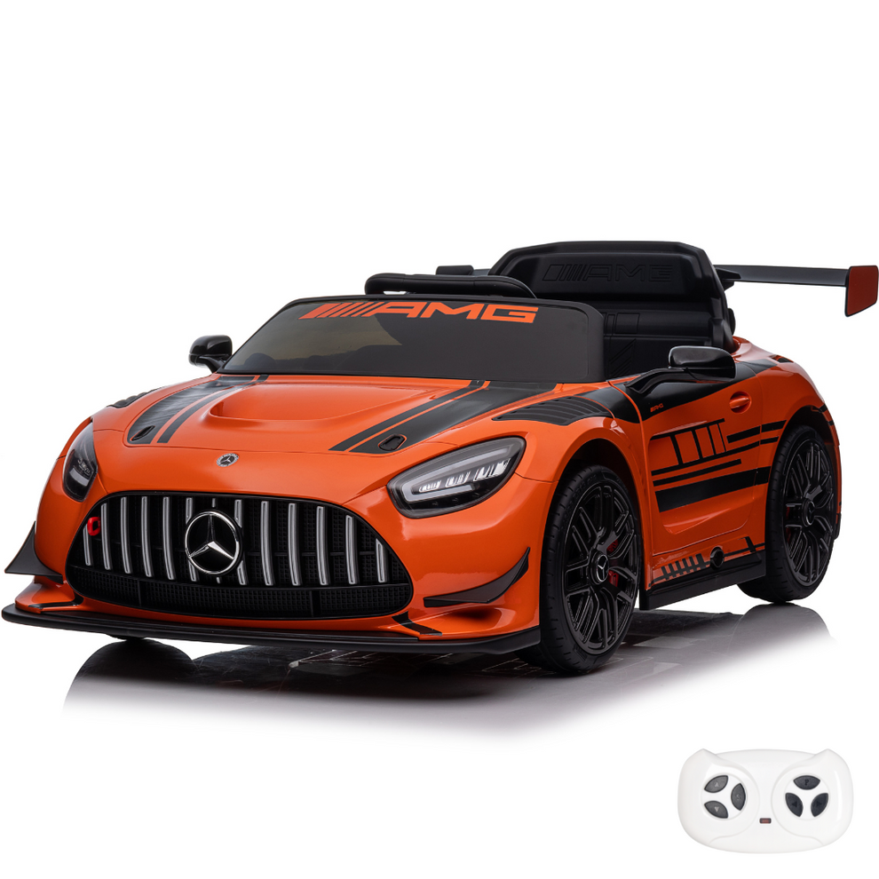 Orange Mercedes-AMG kids battery operated car with remote control, front view, perfect for young drivers