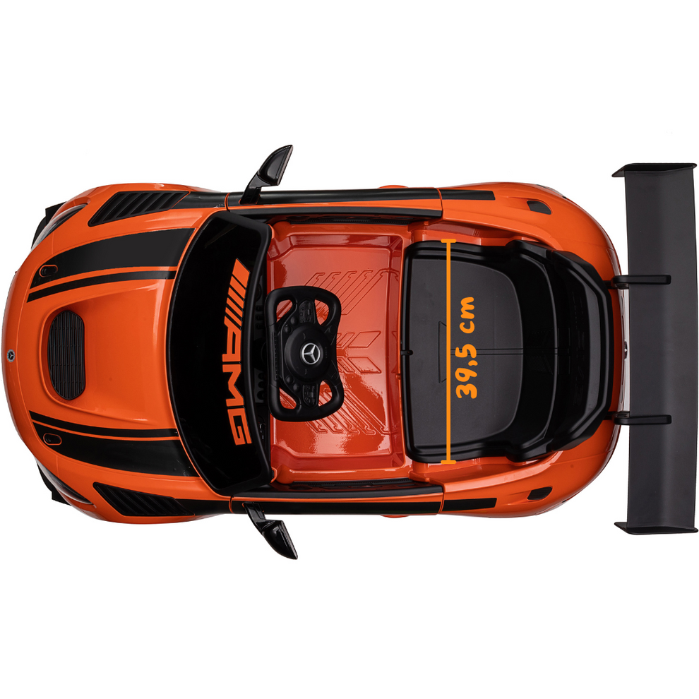 Top view of orange Mercedes-AMG kids battery operated car with black racing stripes for outdoor fun