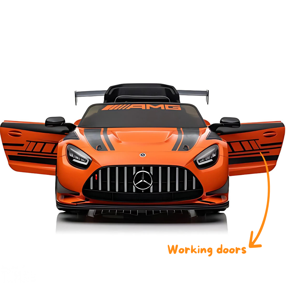 Orange Mercedes-AMG kids battery operated car with working doors, front view, perfect for young car enthusiasts