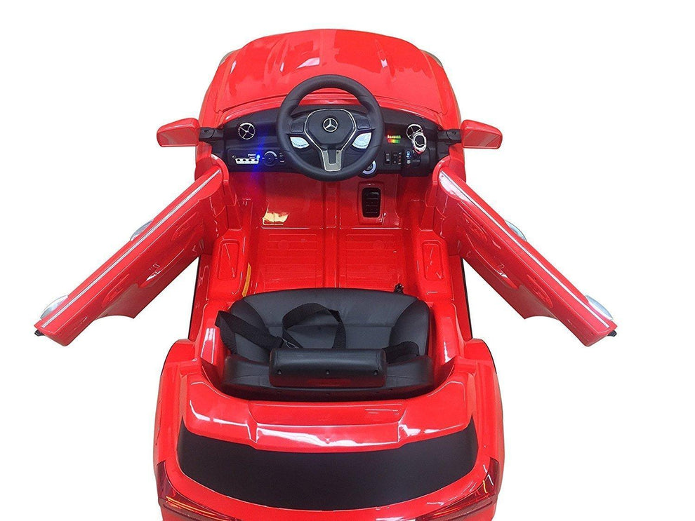 Red Mercedes Benz battery operated car for kids in Ahmedabad Gujarat with open doors and black seat