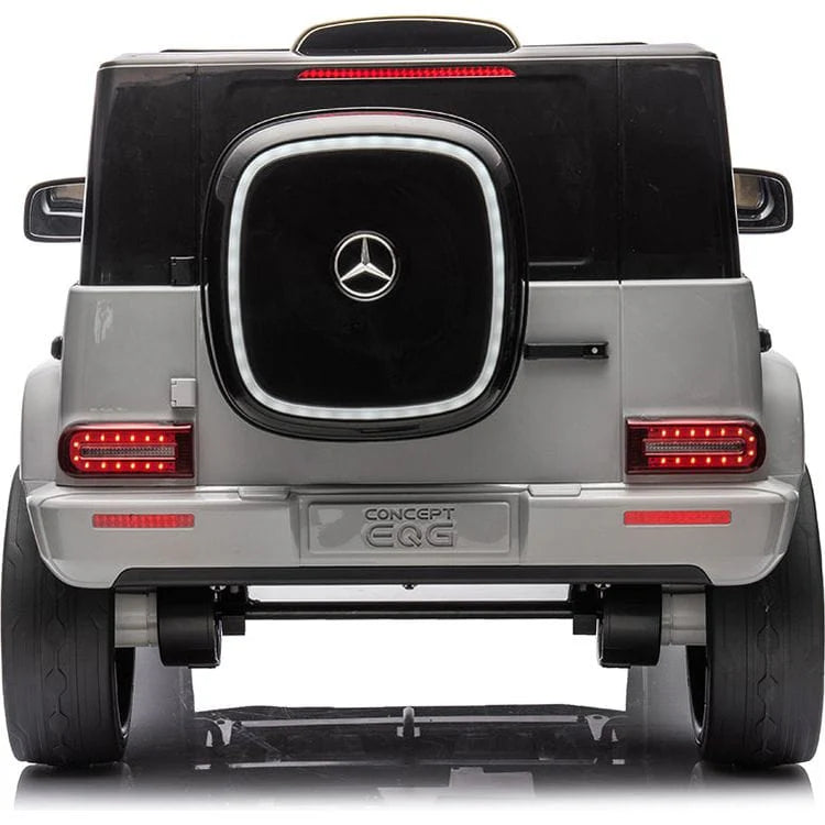 Rear view of black and silver Mercedes Benz ride on car for kids licensed Gujarat with realistic taillights