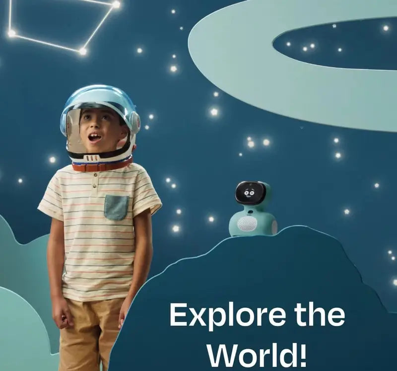 Child wearing astronaut helmet standing next to AI Miko robot with space-themed background buy kids AI miko robot online India Gujarat online