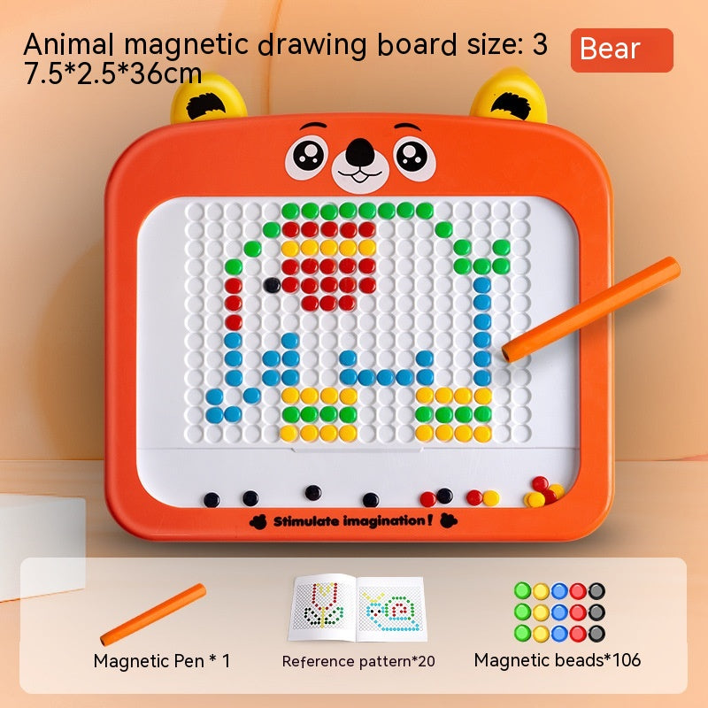 Orange bear-themed magnetic drawing board, front view, Montessori educational toy for creativity and learning
