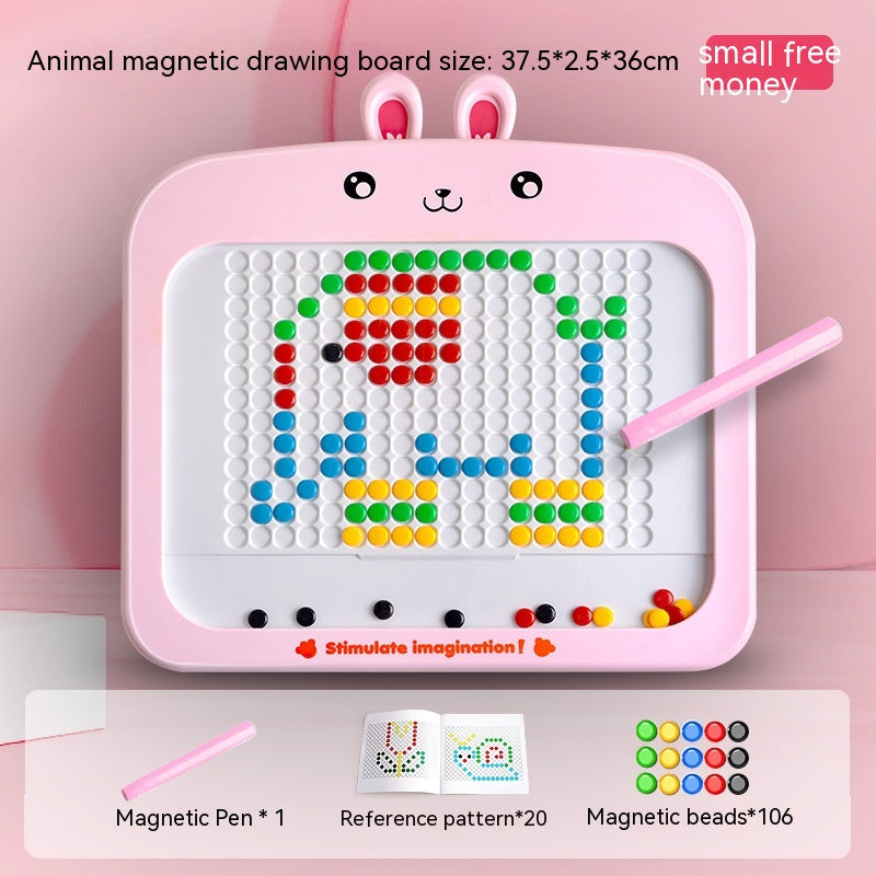 Pink animal magnetic drawing board with colorful beads, side view, for creative play and learning, Montessori educational toy