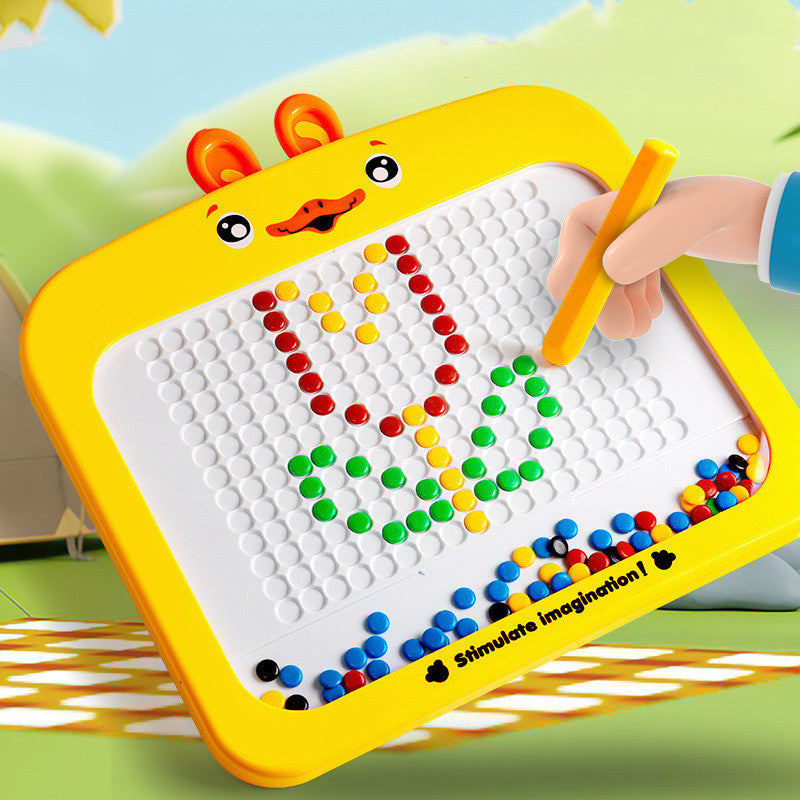 Yellow Montessori educational toy with colorful beads, side view, for stimulating creativity and imagination in children