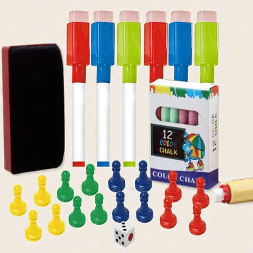 Multifunctional art board with accessories at sams, featuring colorful chalk, erasers, and game pieces