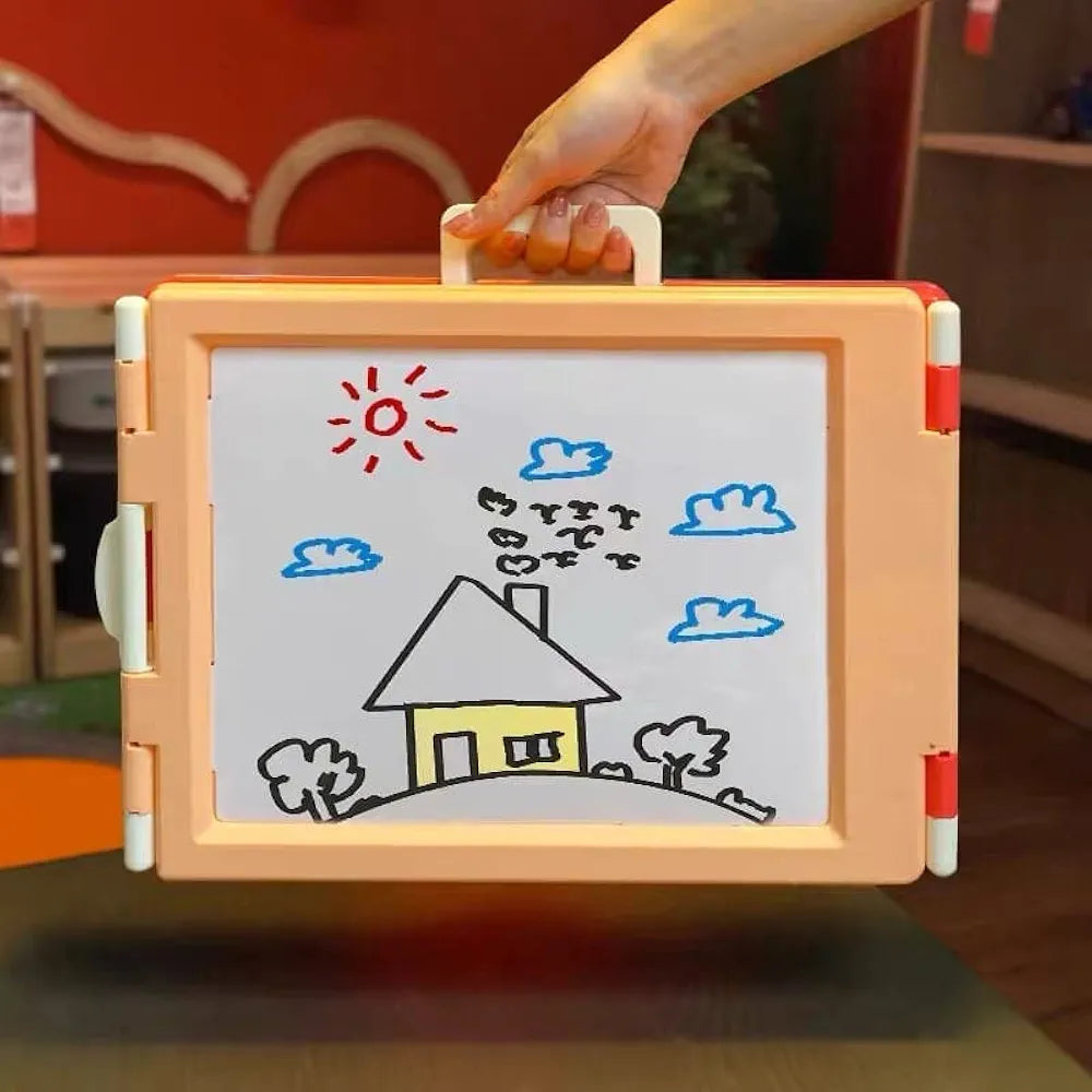 Multifunctional art board with accessories at sams, featuring a hand-drawn house design, side view, for creative play.