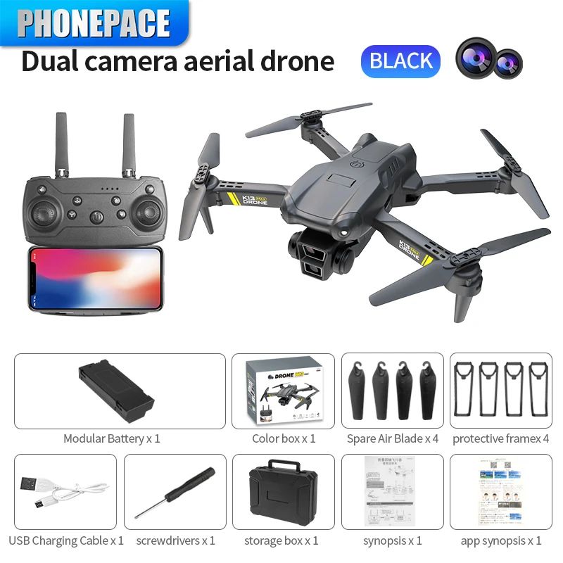 Black foldable drone kids flying drone with camera by Sam's Toy World, includes controller and accessories