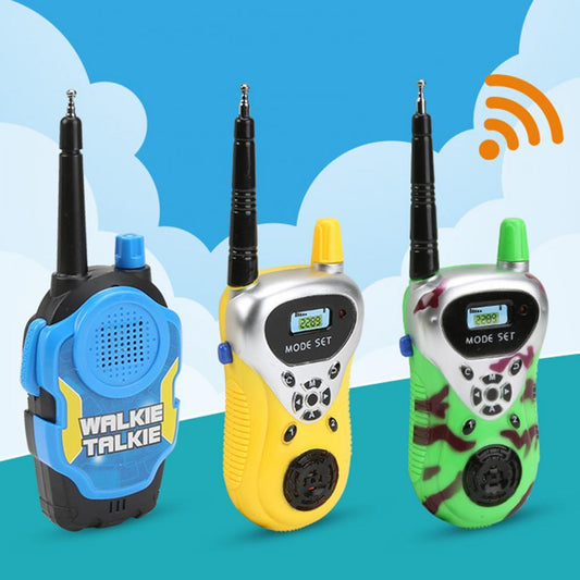 parent child interactive wireless walkie talkie set three colorful handheld units blue yellow green camo with antennas